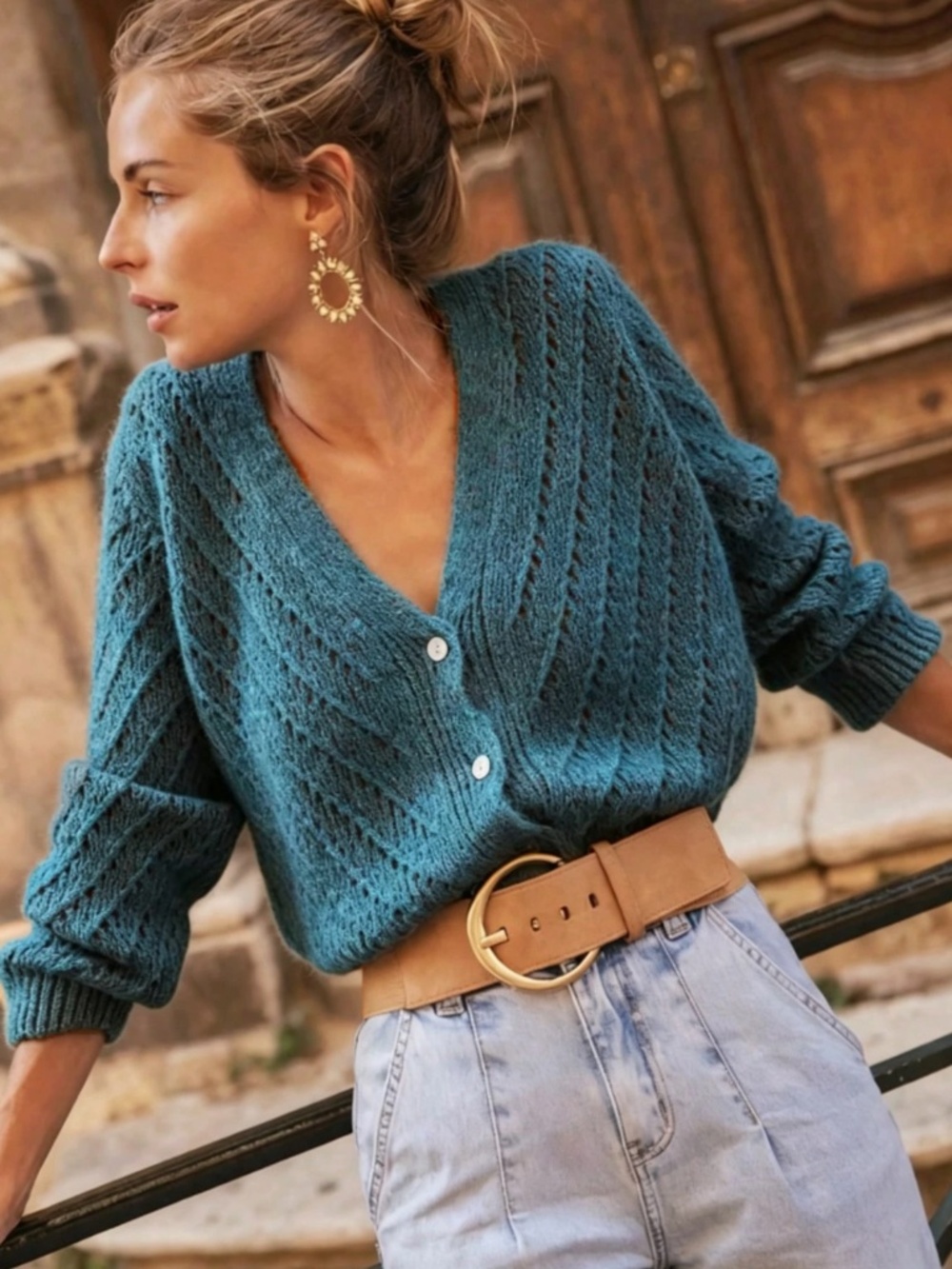 V-Cut Buttoned Down Teal Blue Knit Cardigan Textured, Long Sleeve